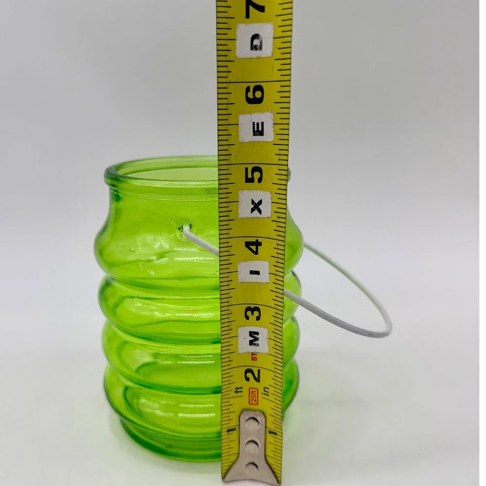 Green Ribbed Beehive Glass Lantern Votive Candle Holder with Wire Handle Vintage